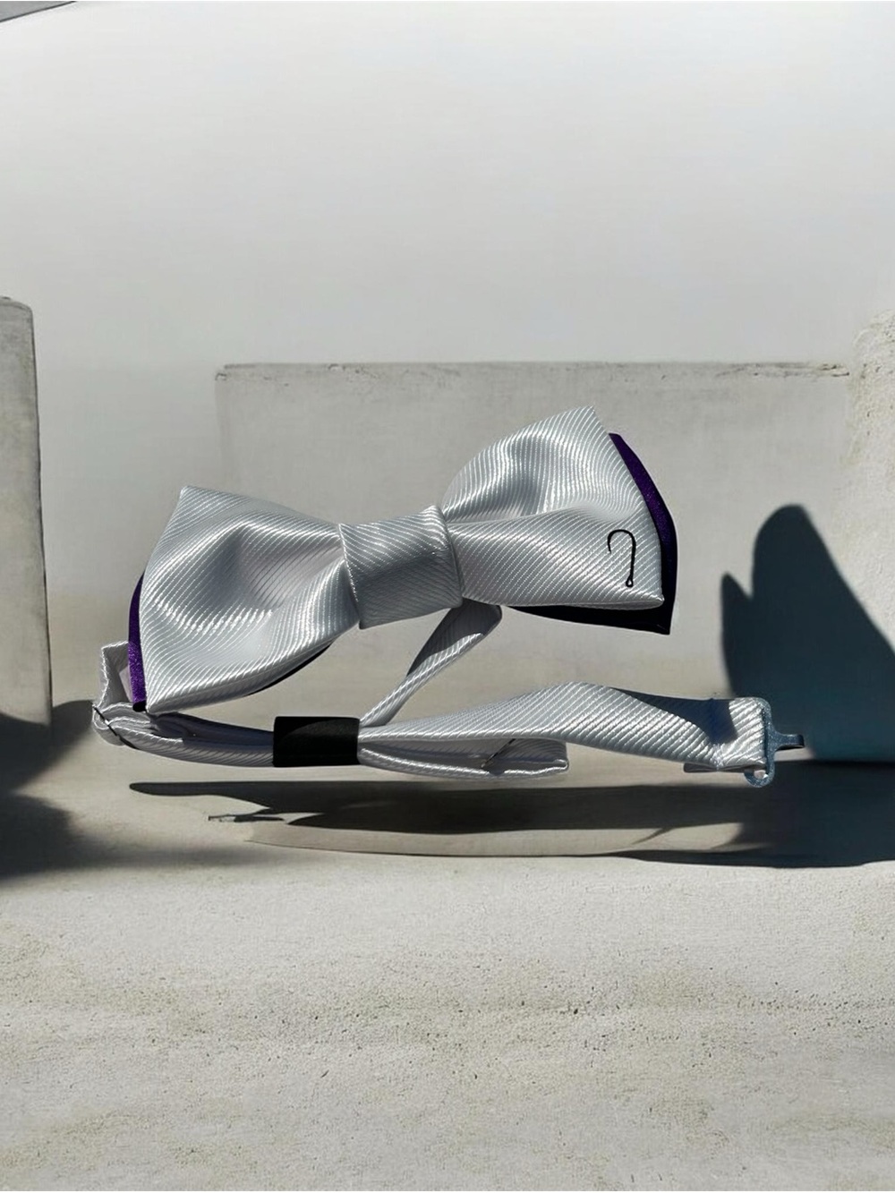 White Satin Bow Tie with Purple Trim - Men's Formal Accessory